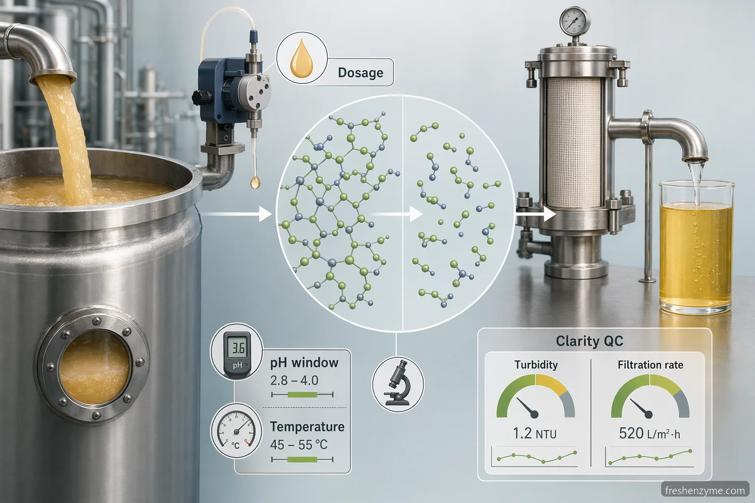 industrial fruit enzyme juice clarification dosage, pH, and temperature infographic with dosing, pectin breakdown, filtration, and QC
