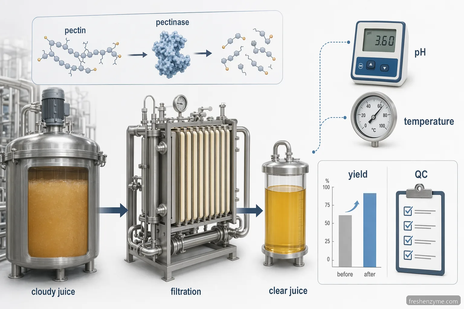 Industrial juice clarification enzyme juice clarification guide: pectinase, pH, filtration and yield checks for processors