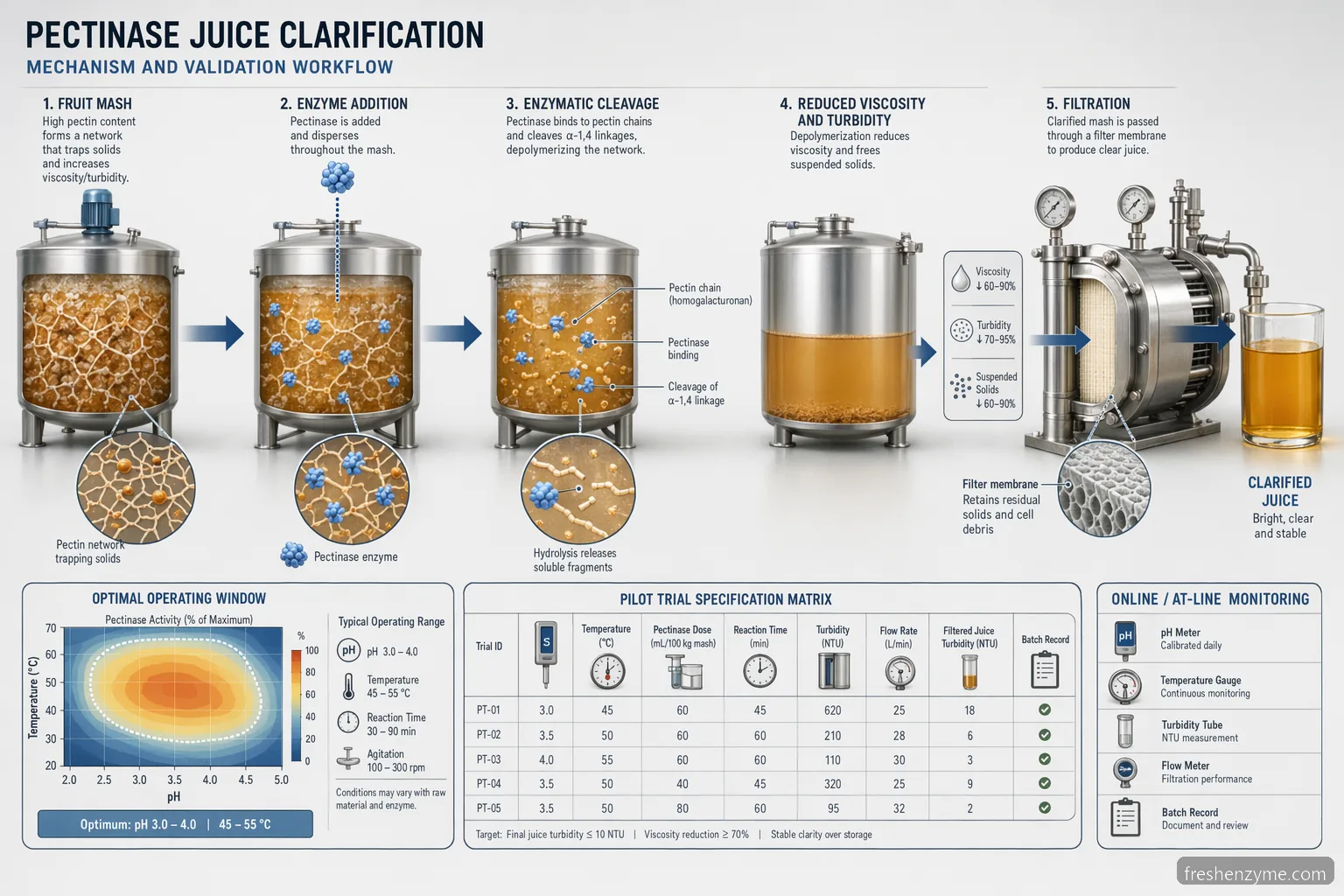 industrial pectinase juice juice clarification mechanism showing pectin breakdown, pH-temperature window, and clear filtrate