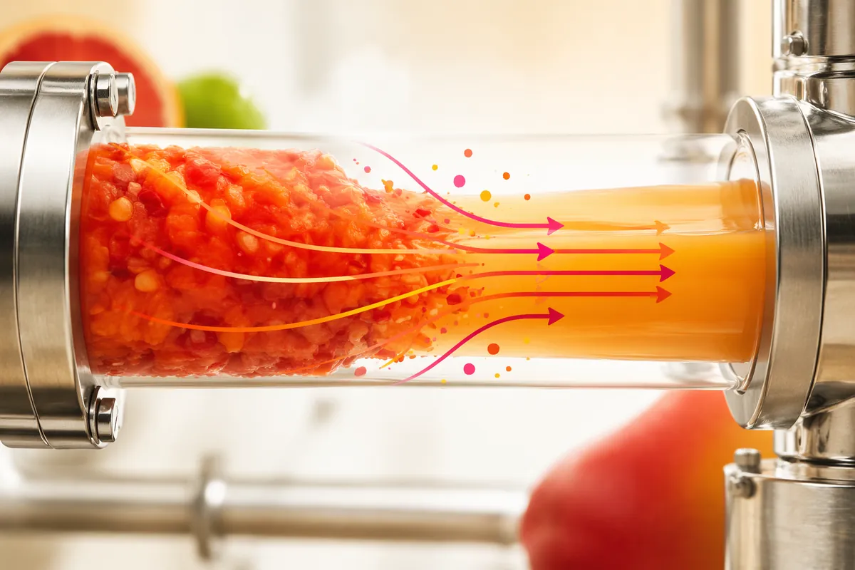 Fruit mash moving through a stainless steel processing line and leaving as free-flowing juice after enzyme treatment