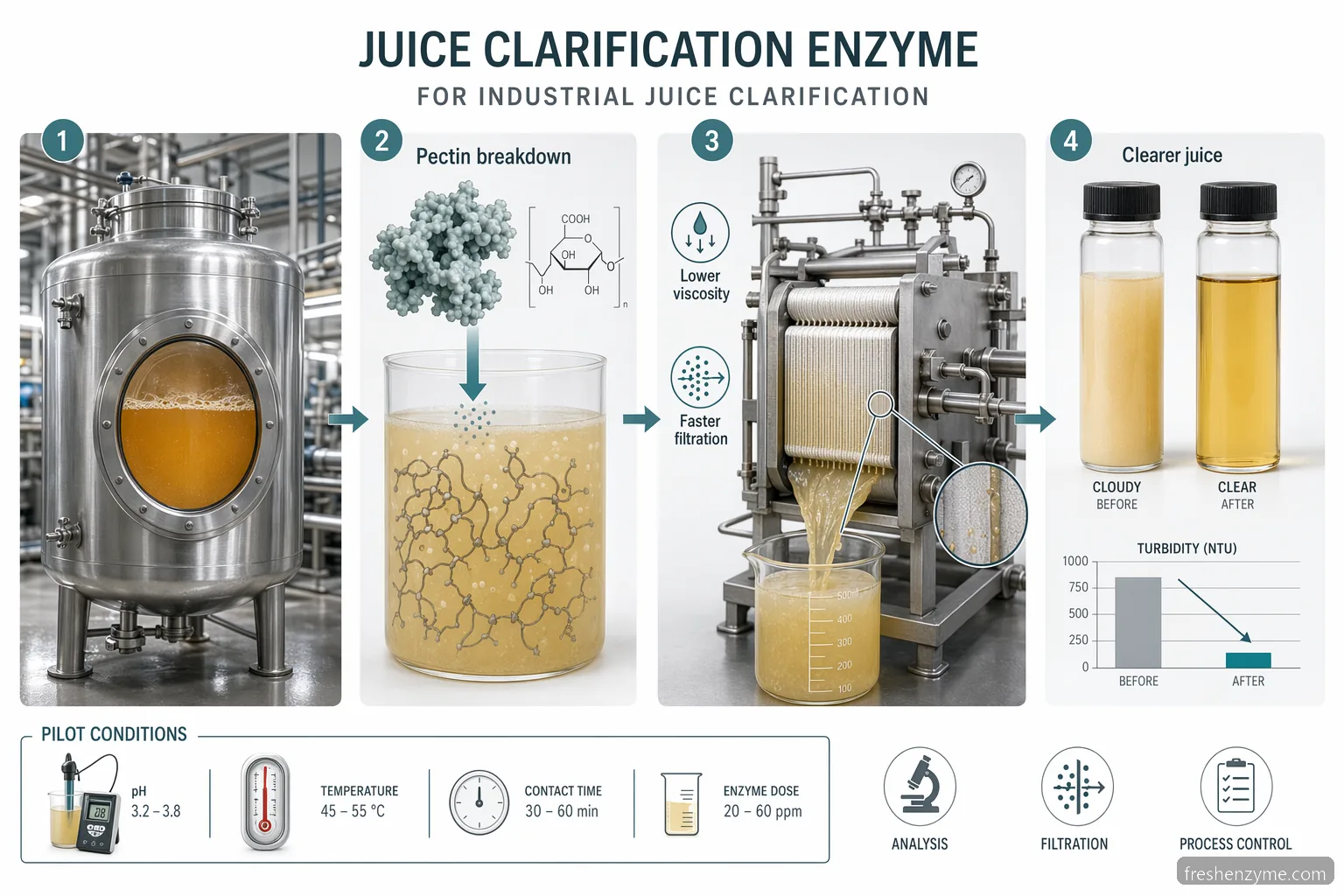 juice clarification enzyme guide showing pectin breakdown, filtration flow, clear juice vials, and QC metrics