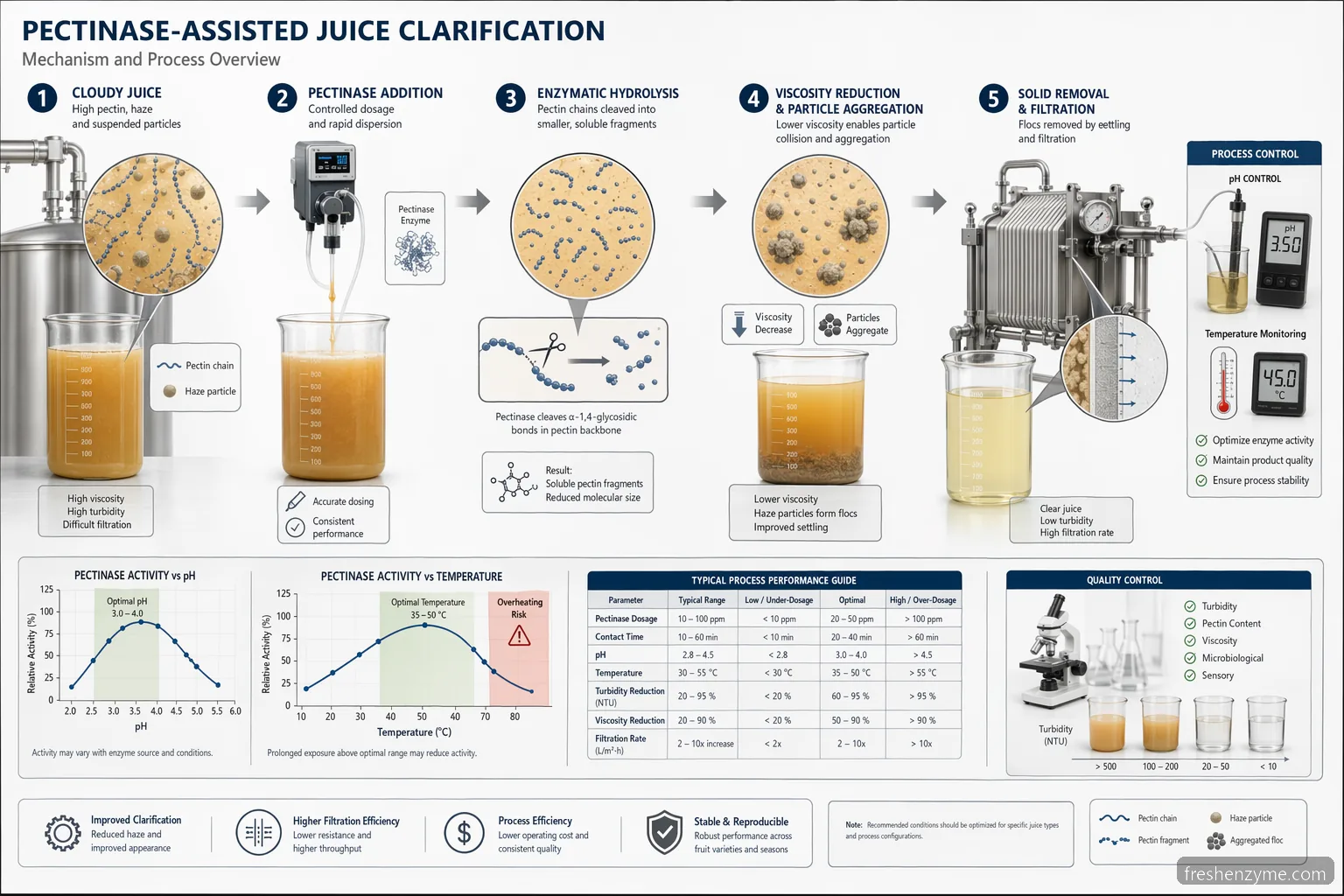 pectinase juice for juice clarification process diagram with pH, temperature, dosage, and pectin breakdown flow