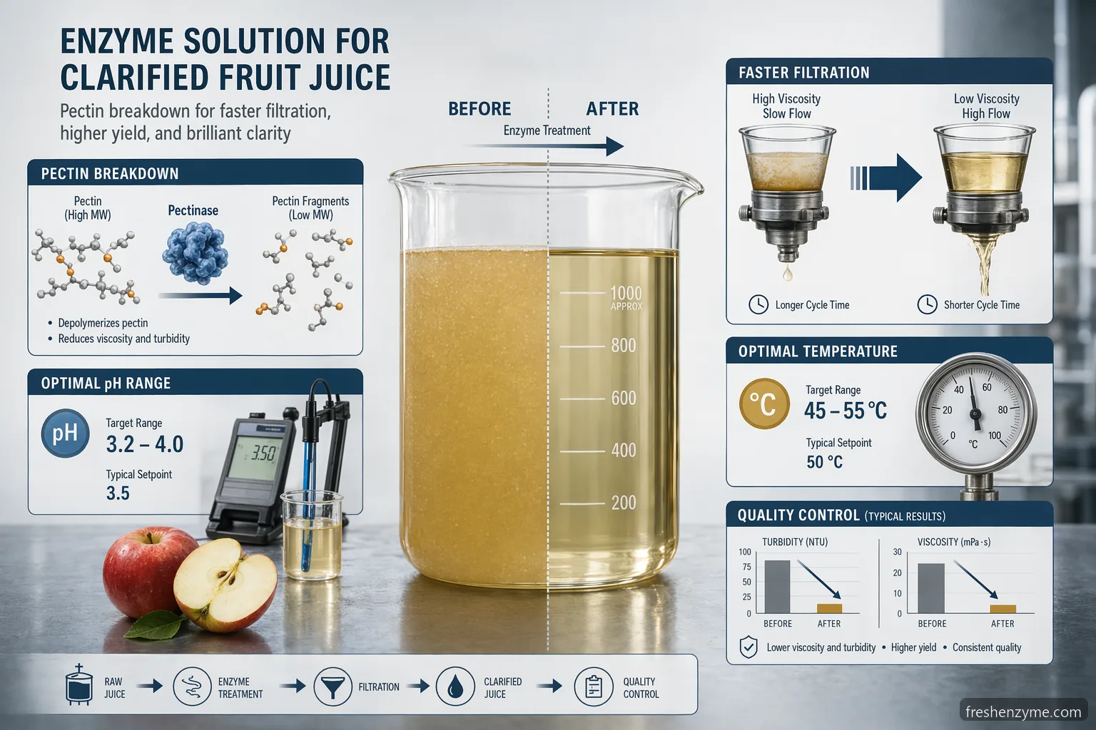 pectinase juice for juice clarification guide showing haze reduction, viscosity drop, filtration flow, and QC checks