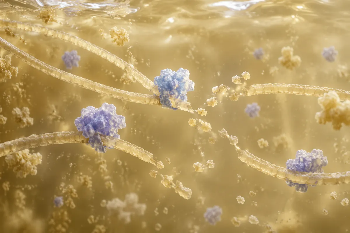 Illustration of pectinase enzymes cutting long pectin chains suspended in cloudy fruit juice, releasing smaller fragments